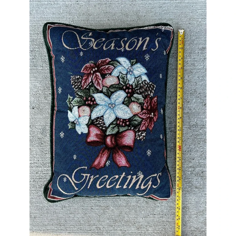 Seasons Greetings Decorative Pillow Lumbar Tapestry Christmas Poinsettia Flowers